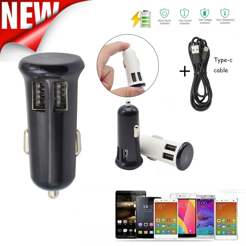 

Universal 12-24V 2Port USB Bilateral Charger Adapter For Cellphone+Type-c Cable Car USB Charger Quick Charge 3.0 2.0 Mobile