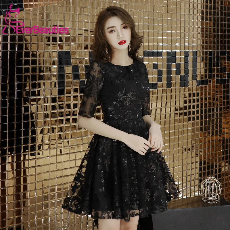 

Black Homecoming Dresses 2020 Half Sleeves Graduation Dresses Tulle Sequins Party Dress Vestidos De Graduacion