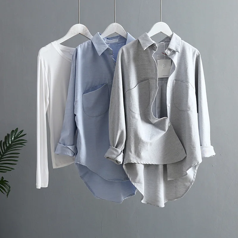 

Womens Tops and Blouses Loose Oversized Shirts Female Casual Collar Long Sleeve Cotton Shirts With Pockets Blusas Roupa Feminina