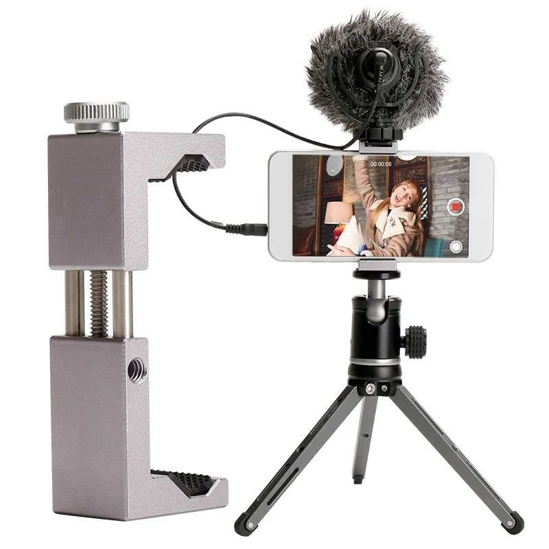 

Phone Titanium Color Metal Video Tripod Clamp Mount Adapter/Vertical Bracket With Cold Shoe Smartphone Holder/Clip Clipper