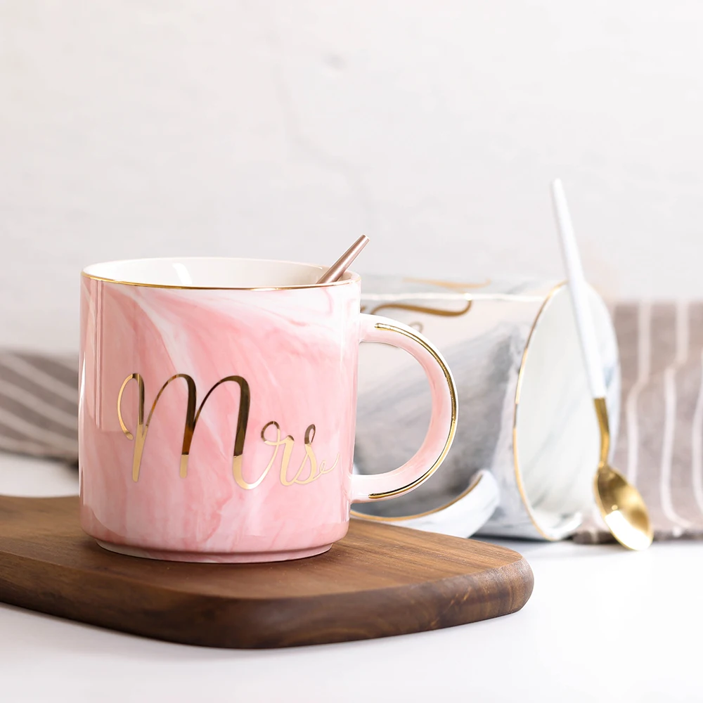 NOCM Marble Ceramic Mugs Gold Plating Couple Lover's Gift Morning Mug Milk Coffee Tea Breakfast Creative Porcelain Cup