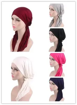 

6PCS Muslim Women Modal Cap Elastic Long Tail Scarf Chemo Cap Turban Bonnet Headscarf Beanies Islamic Arab Hat Random Color