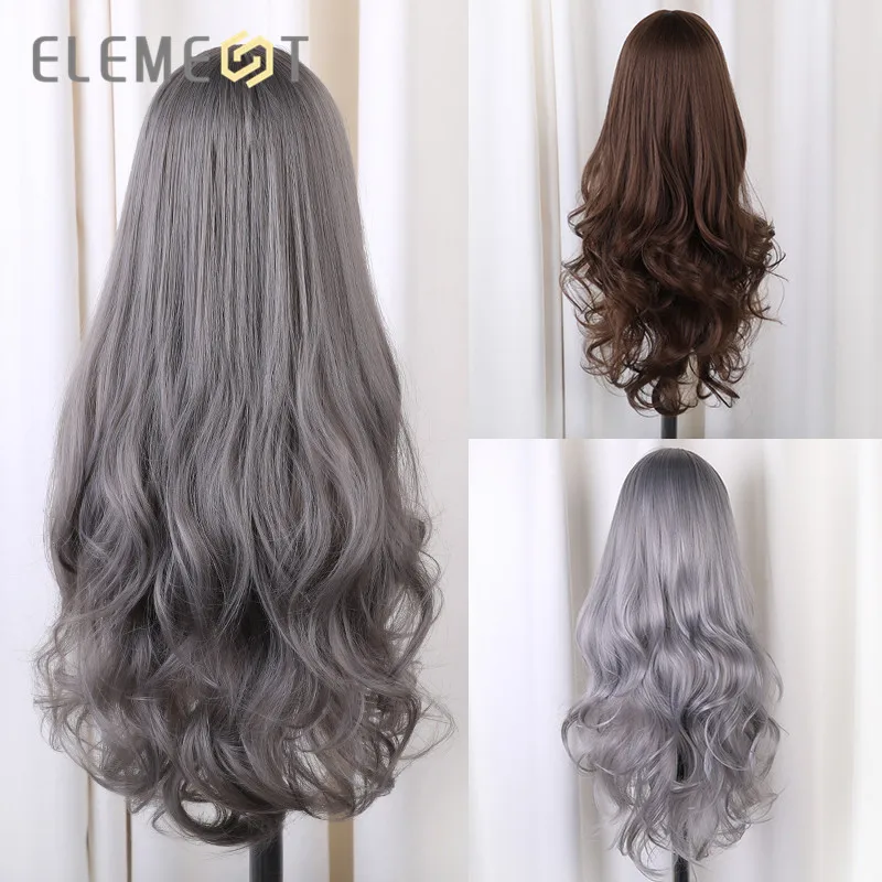 Elemento peluca sintética larga de 24 pulgadas con flequillo moda Natural onda Cosplay pelucas de fiesta para mujeres media peluca Cap envío gratis