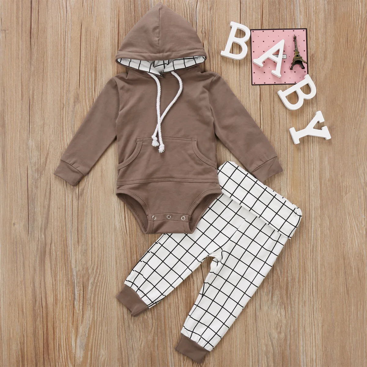 Одежда для маленьких мальчиков и девочек, комбинезон с капюшоном+ клетчатые штаны, комплект одежды из 2 предметов