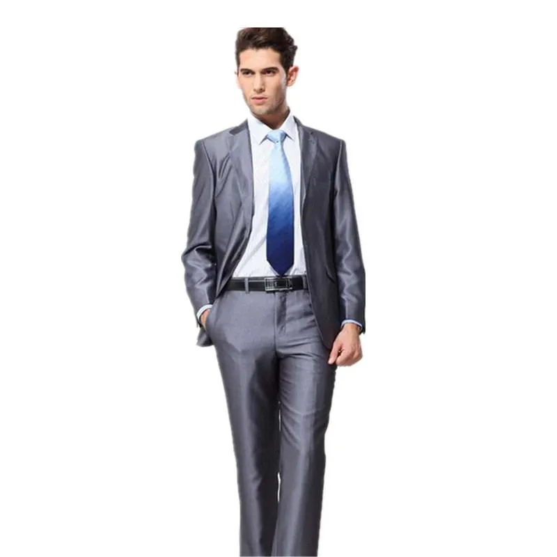 New Custom/Notch Lapel Two Buttons Shiny Polyester Grey Handsome Suits
