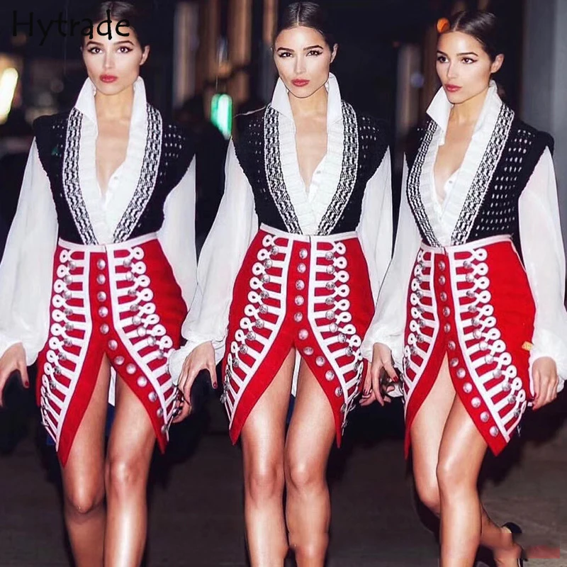 

2019 Designer Fashion Bodycon Celeb Embellished Embroidery Button Red Asymetrical Bandage Lady Skirt Outfits Club Party Skirts