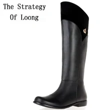 Женские сапоги до колена из натуральной кожи на плоской подошве; сезон осень-зима большие размеры; женские рыцарские сапоги; большие размеры 41, 42, 43, 44, 45