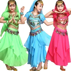 3 шт. (топ + Брюки для девочек + пояс) детская танцевальная живота костюмы дети Костюмы для бальных танцев этап одежда Танцы Обувь для девочек