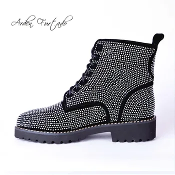 

Arden Furtado fashion women's shoes winter 2019 cross lace up round toe women's ankle boots crystal rhinestone matin boots 41 43