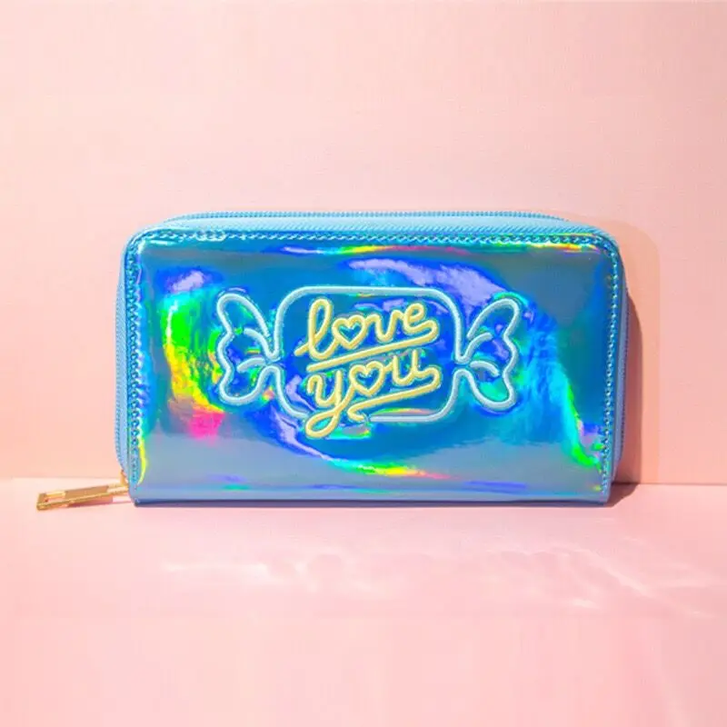 Candy Love you Длинные кошельки для девочек, лазерные градиентные цвета радуги, легкие женские сумочки, модные новые сумочки для денег Bentoy, угловые мешки
