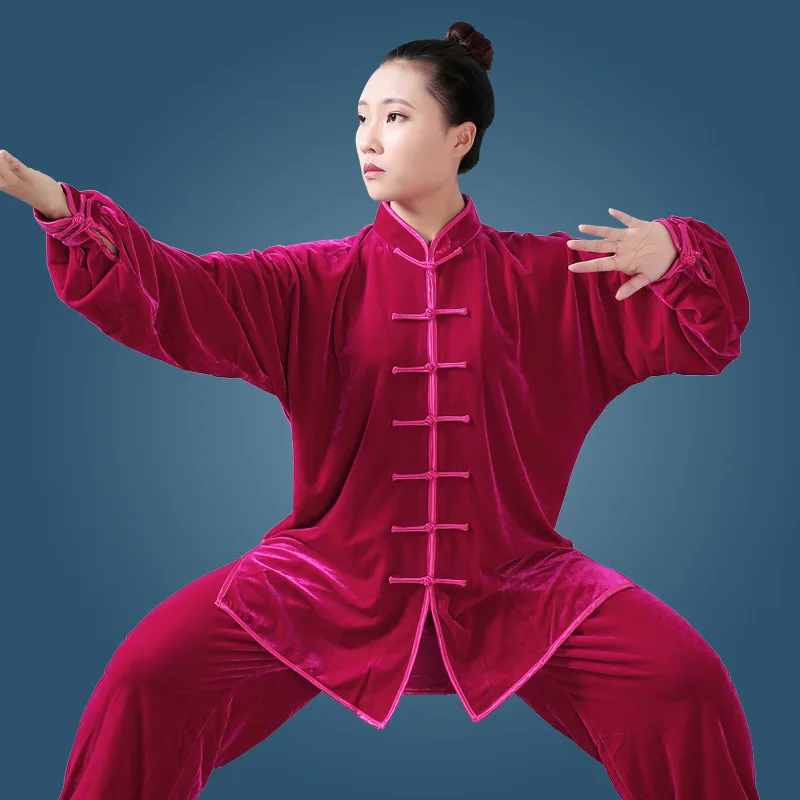 Günstige Frauen Rot Farbe Mandarin Kragen Kampfkunst Tai Chi Anzüge Langarm Tang Anzug Taiji Kleidung Kung Fu Uniform Wushu hemd Hosen