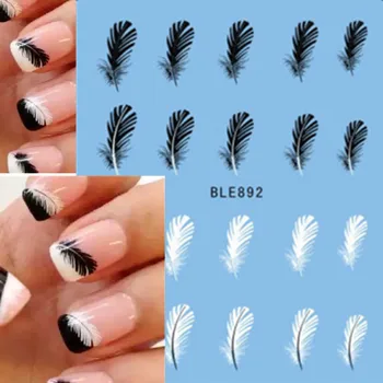 1pcs Beautiful Black White Feather Nail Art Decal Stickers Fashion Tips Decoration New For Women Girl Watermark Nail Art BLE892