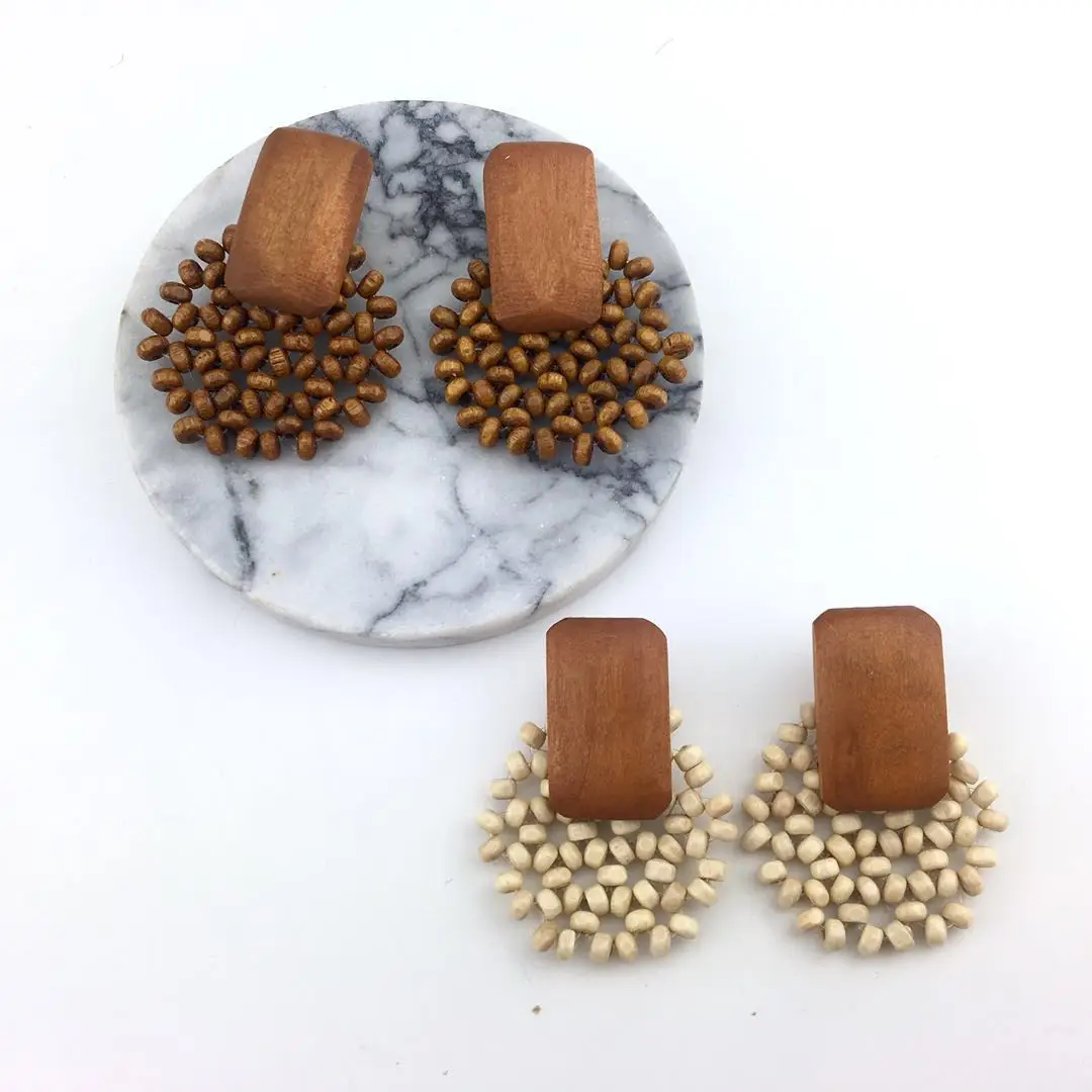 Fashion Multiple Korea Rattan Vine Braid Drop Earrings For Women Geometric Circle Square Handmade Wooden Straw Weave Earrings