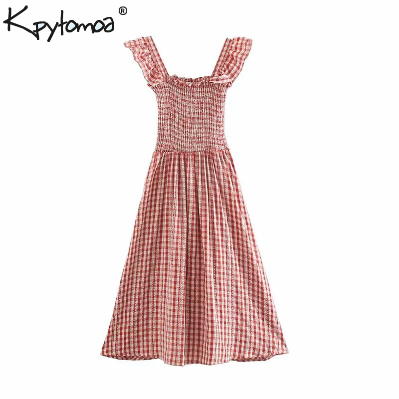 

Vintage Sweet Plaid Ruffles Elastic Midi Dress Women 2019 Fashion Square Collar Sleeveless Ladies Dresses Casual Vestidos Mujer