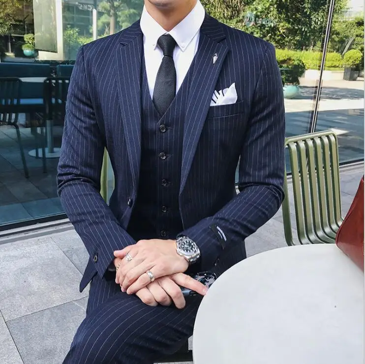 Luxury Fashion New Men Dress Suits Striped British Style Wedding Suit
