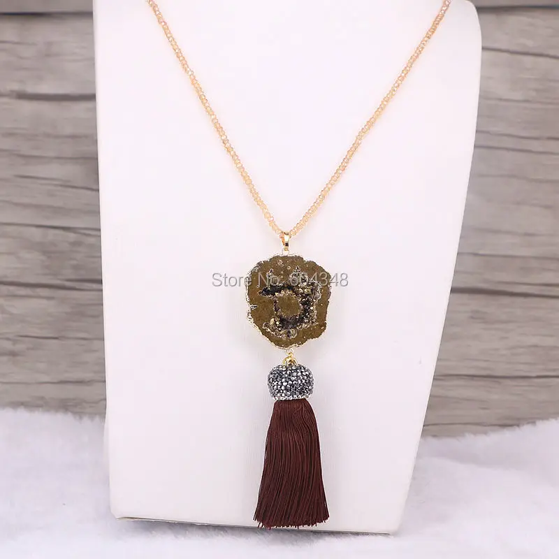 5 нитей Zyunz кварцевые бусины из жеоды с шелковая кисточка Длинная подвеска ожерелье стеклянная нитка круглых бусин цепочка ожерелье для женщин