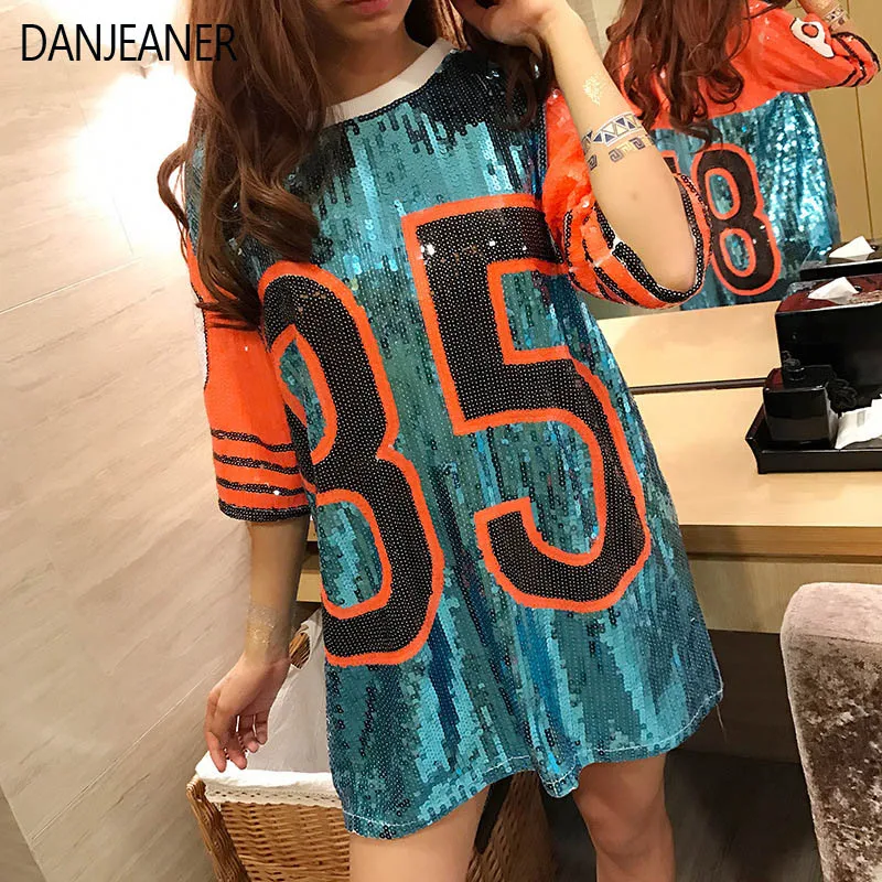 DANJEANER бар ночной клуб DS шоу костюм сексуальная певица DJ уличный танец воротник танцевальное платье блесток свободная футболка - Цвет: Синий