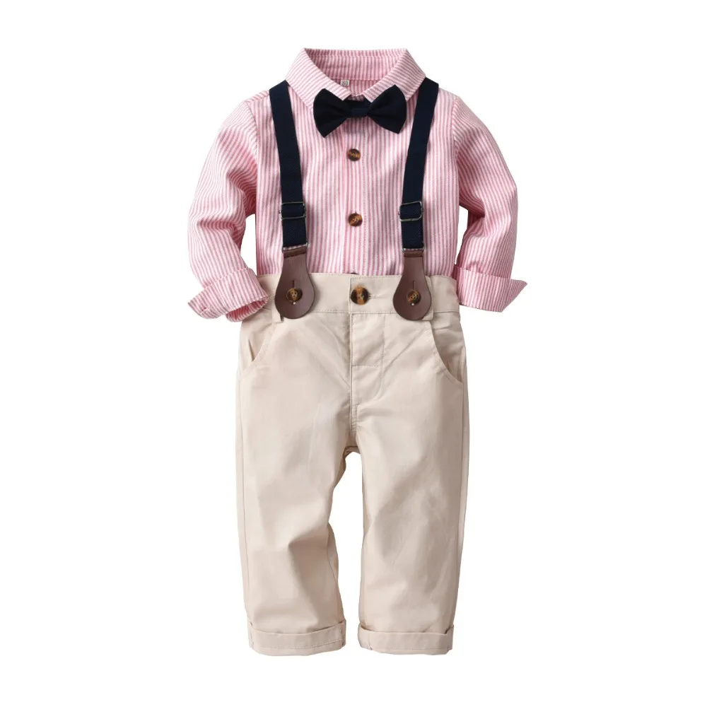 

Kimocat Spring and Autumn New Kids Set Children's European and American Style Long Sleeve Striped Shirt Bow Tie Pants Gentleman