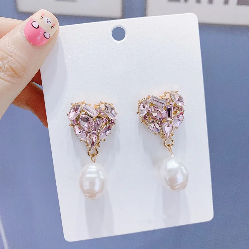 FYUAN Korean Style Heart Crystal Dangle Earrings for Women Exquisite