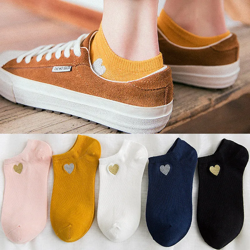 

5 Colors Spring Autumn Warm Short Socks Cute Heart Heel Harajuku Style Breathable Women Cotton Socks Lovely Low Cut Ankle Socks