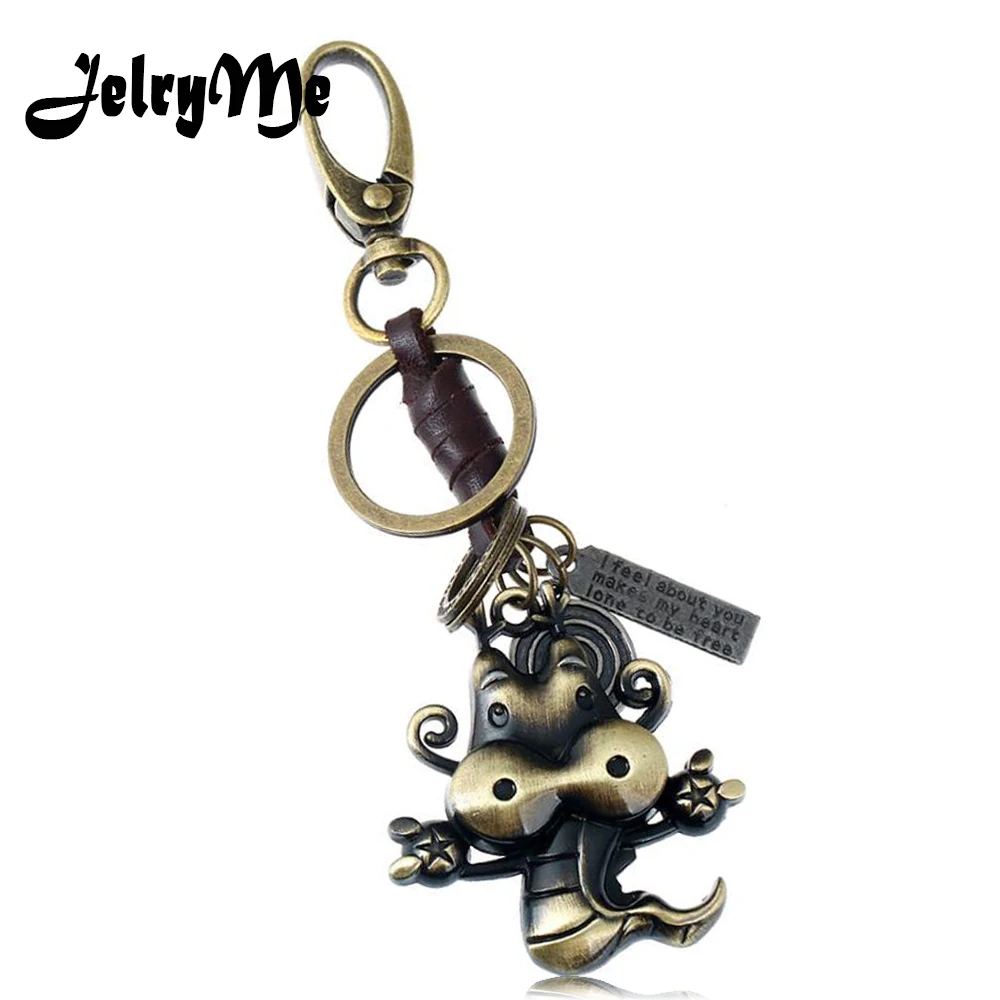 

12 Styles Cute Animal Keychains Dragon Snake Tiger Dog Horse Pig Key Chains Genuine Leather Woven Bronze Hook Car Keyring Charm