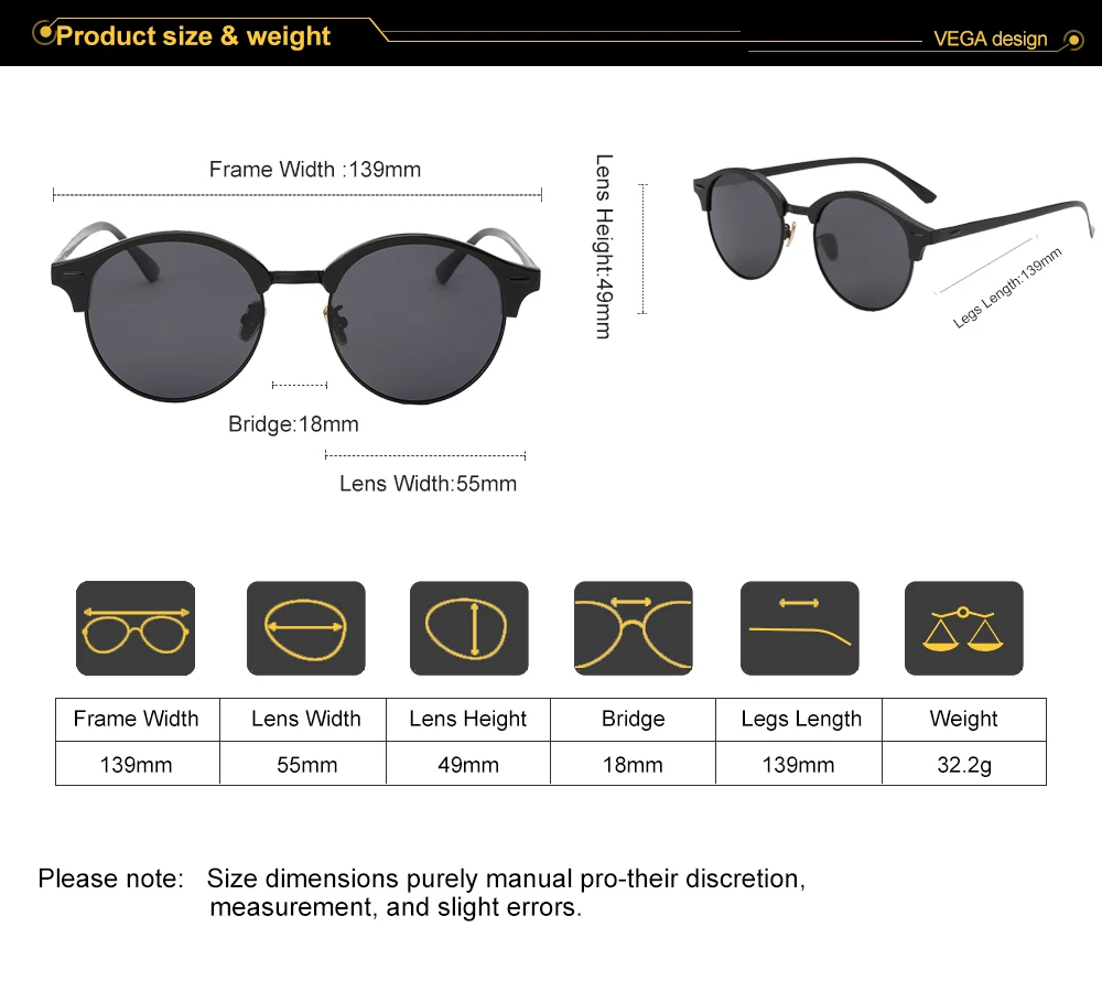 VEGA Eyewear Circle Vintage Sunglasses Polarized Women Semi-Rimless Ladies Designer Sunglass Hipster Glasses Aluminium 185  (4)