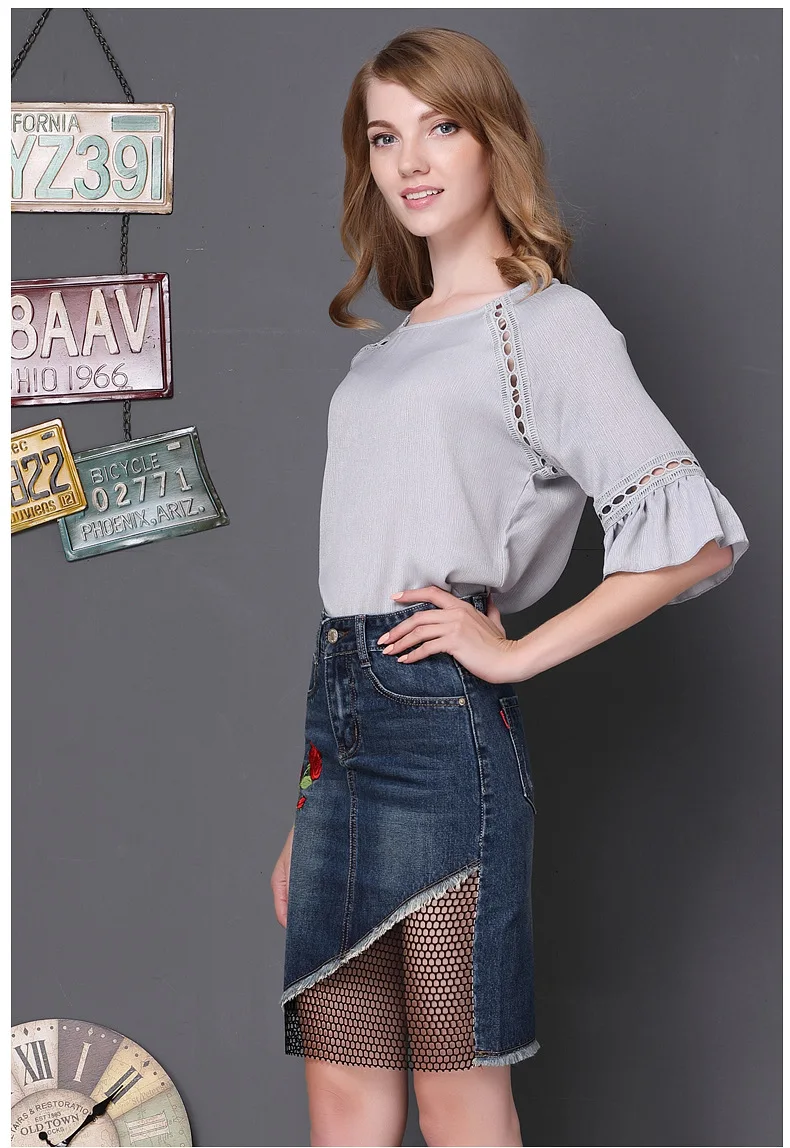 rose embroidered splicing denim skirt 2017 autumn fishing net package hip skirts large size needlework female skirts GL1050 (4)