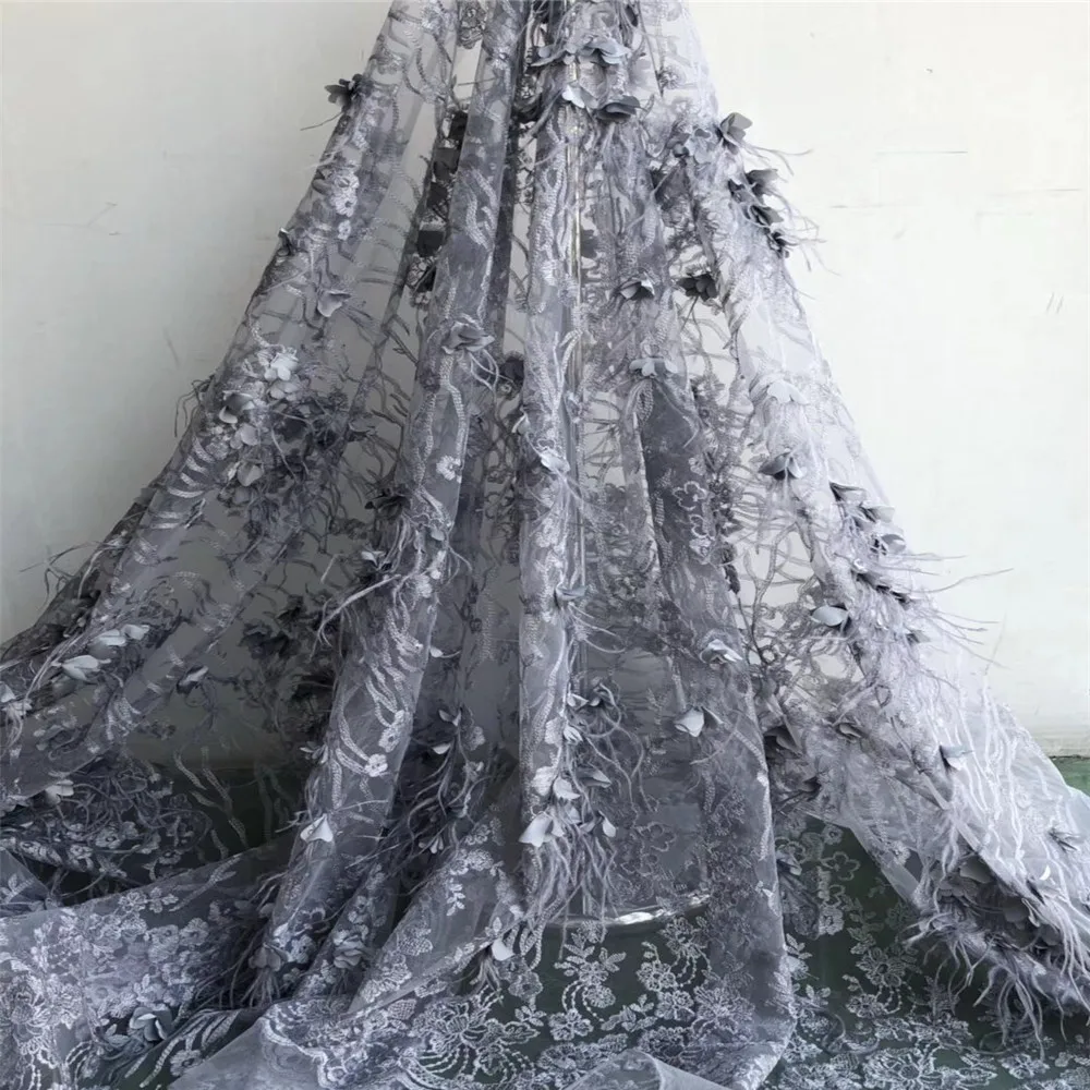 5yards 3D lace fabric with Ostrich feather, nude heavy bead lace fabric for haute couture dress F58-2