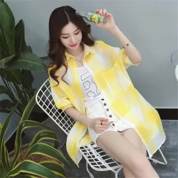 

2pcs Plus Size 2018 Women Loose Middle-Long Sleeve Thin Lapel Blouses Summer Sunscreen Air Conditioning Shirt Plaid Shirts Tops