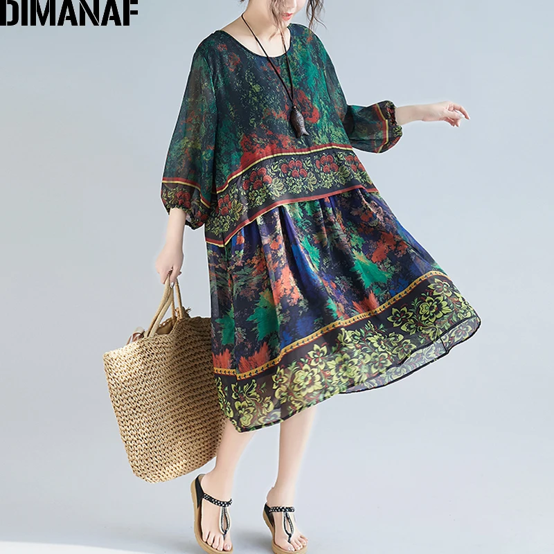 

DIMANAF Plus Size Women Chiffon Sundress Beach Dress Elegant Lady Vestidos Summer Loose Casual Vintage Female Print Dresses 2019