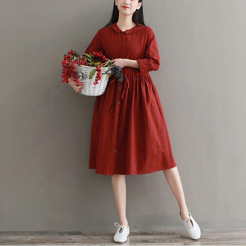 

Mferlier Shirt Dress Women Solid Peter Pan Collar Long Sleeve Drawstring Waist Mori Girl Autumn Cotton Linen A Line Dress