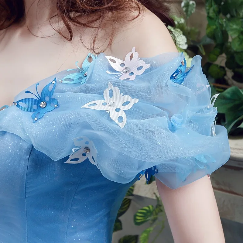 Реальные изображения,, голубое платье Золушки с бабочками для костюмированной вечеринки, бальные платья, фатиновые Бальные платья, платья с оборками для 15 лет