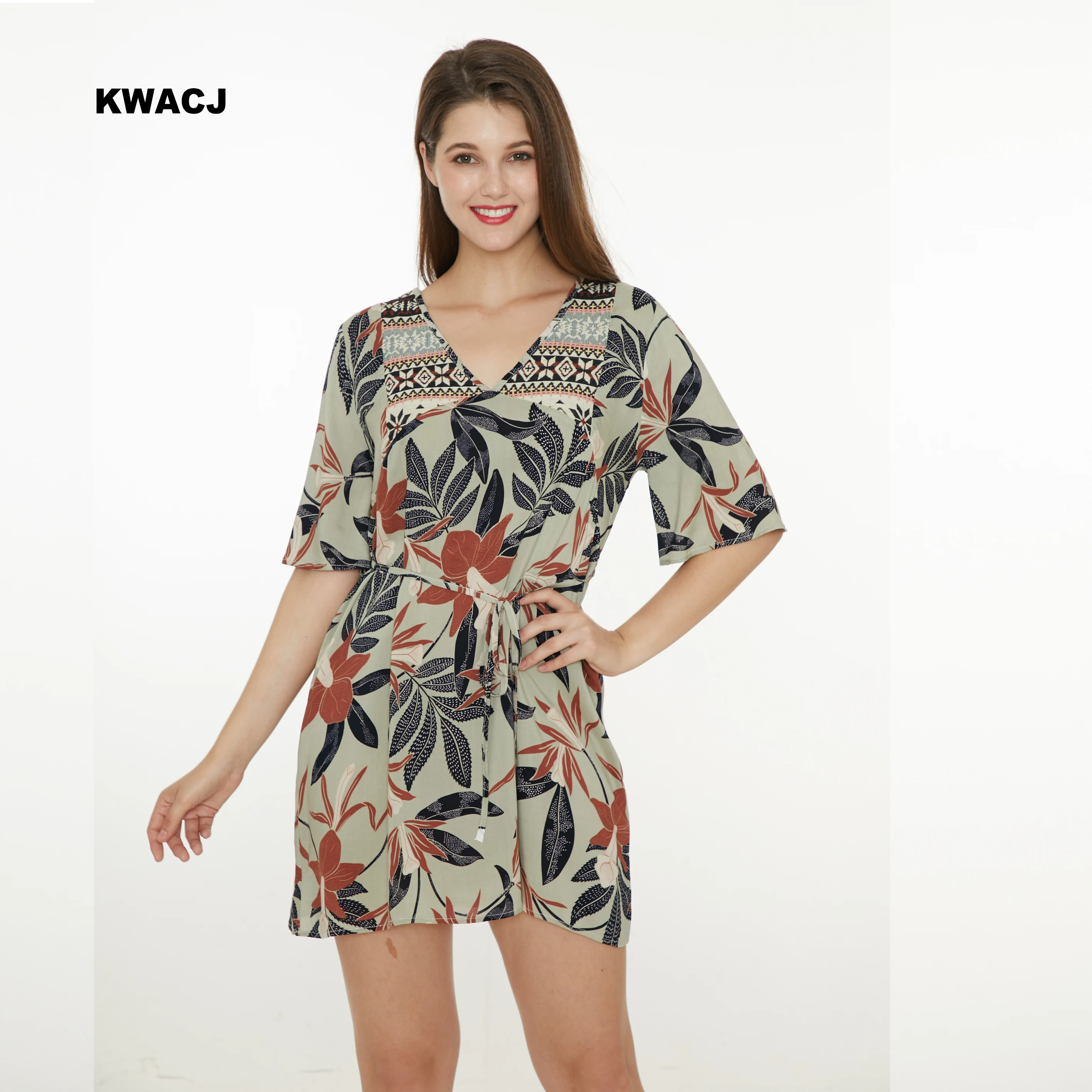 

KWACJ Boho Floral Print Dresses 2019 Summer Elegant Women Short Sleeve Vacation Casual Bohemian tunic party Vintage Dress