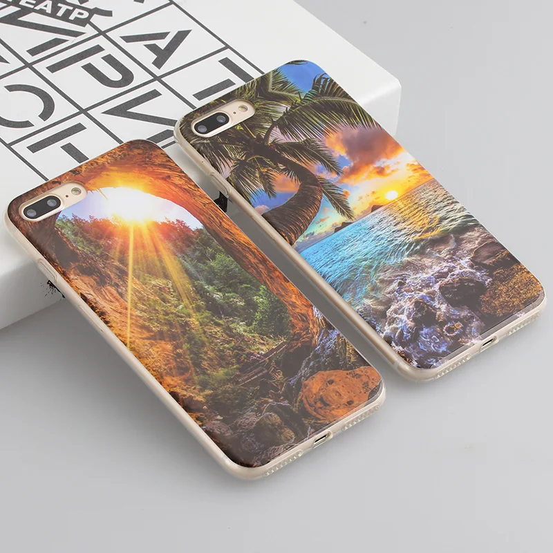 Beach Scene Patterned Glossy Phone Case For iPhone 6 6S 7 8 Plus X XS 7plus 8plus Soft TPU Silicon Back Cover Shell Shckproof |
