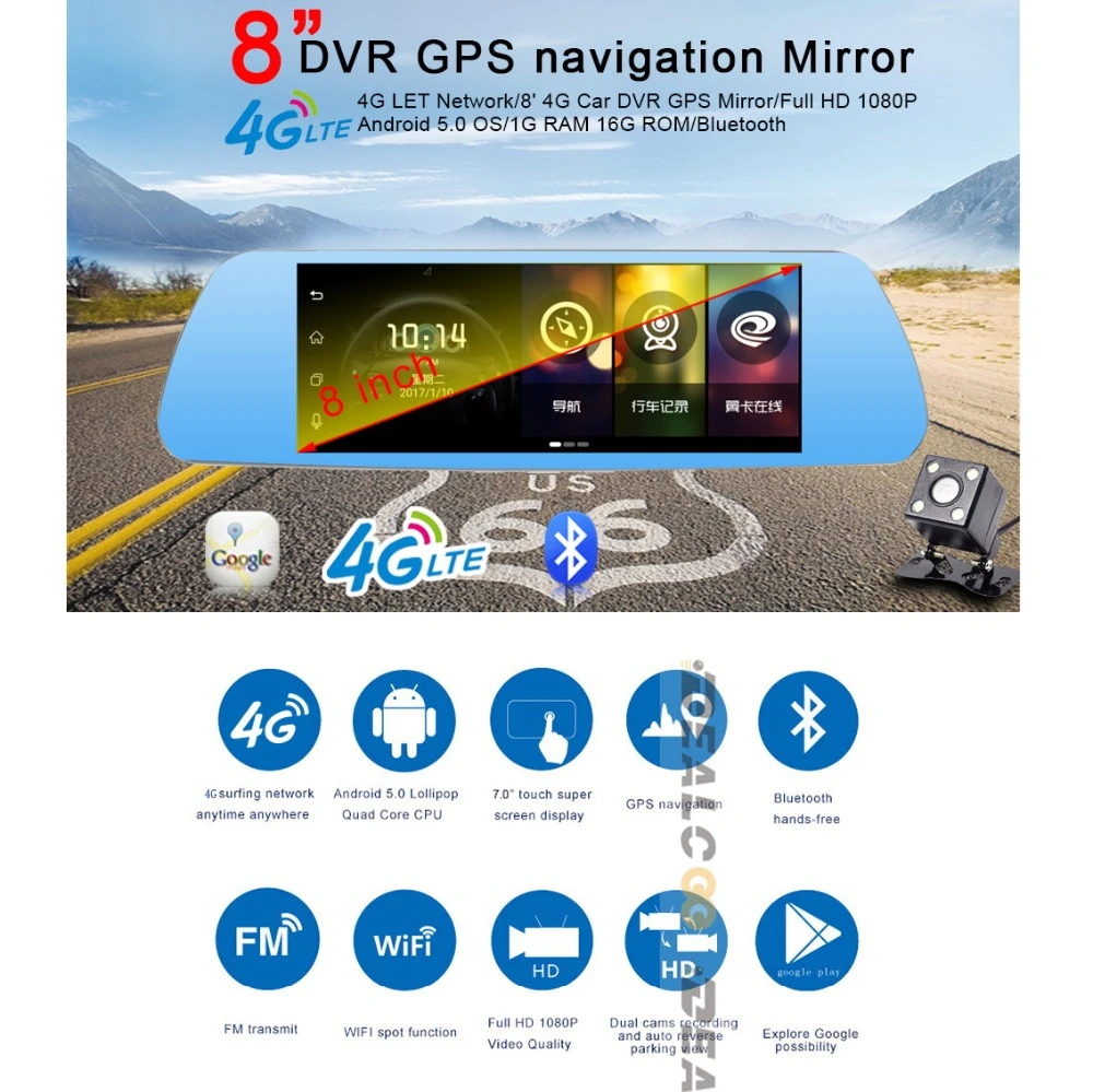 Dealcoo 8' сенсорный экран Android Зеркало Автомобильный dvr 3 в 1 Радар детектор видео