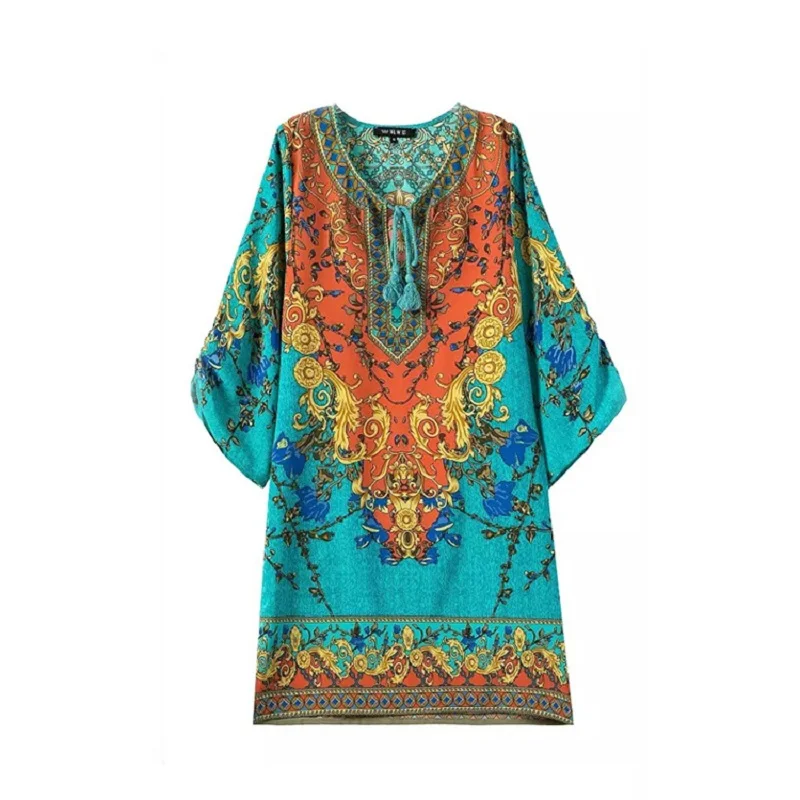 

Ethnic Totem Royal Colorful Floral Geometric Print V-Neck Half Sleeve Shift Dress Gypsy Women Baroque Retro Boho Hippie femme