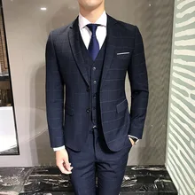 Осенне-зимняя Новинка, гладкая темная решетчатая ткань, два однорядные застежки, мужские костюмы