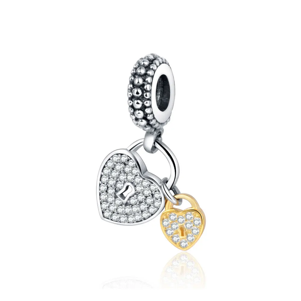 Heart Padlock Silver Dangle With Clear Zircon European Beads Fit