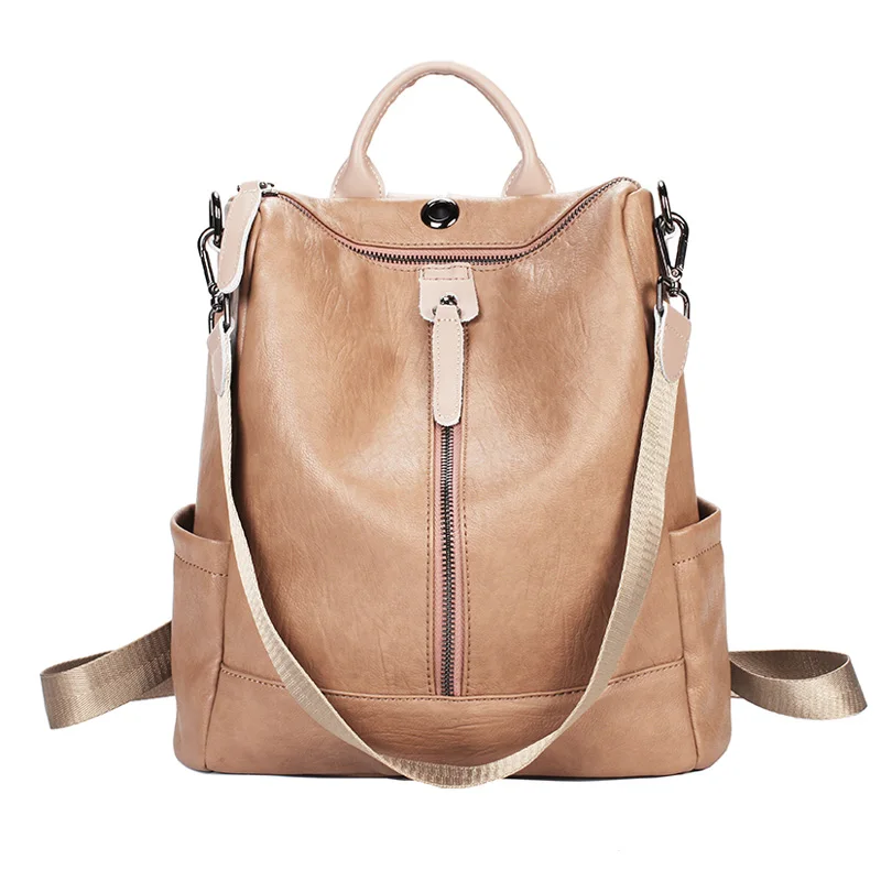Single Zipper Khaki Женский рюкзак mochila feminina, повседневный многофункциональный женский кожаный рюкзак, женская сумка через плечо, сумка для путешествий - Цвет: Single Zipper Khaki
