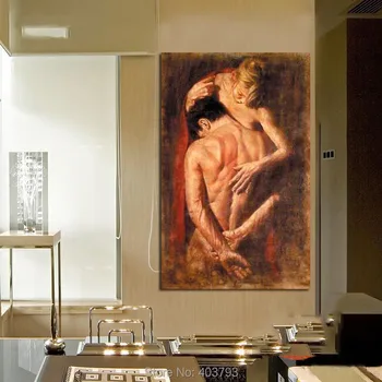 

100% Hand Painted Romantic Young Lovers Naked Strong Young Man And Girl Canvas Oil Painting For Home Wall Art No Frame 60X90cm