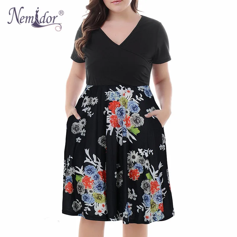 Nemidor Women's V-Neck Print Pattern Casual Work Stretchy Plus Size Swing Dress with Pocket (7)
