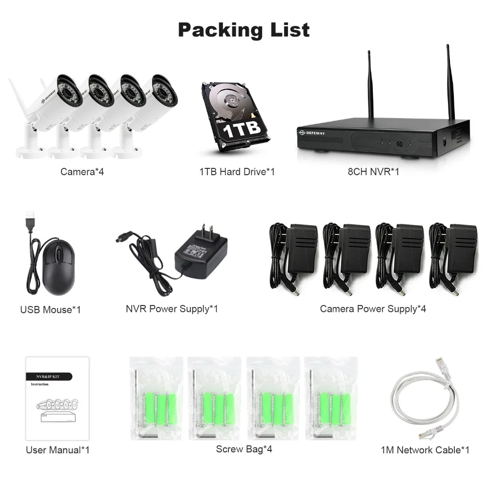Defeway 8CH H.265+ Wireless 1080P HD NVR 4PCS 2.0MP IR Outdoor P2P Wifi Security Camera CCTV System Surveillance Kit with 1TB Defeway 8CH H.265+ Wireless 1080P HD NVR 4PCS 2.0MP IR Outdoor P2P Wifi Security Camera CCTV System Surveillance Kit with 1TB