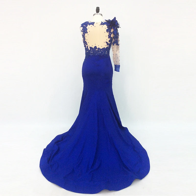 Evening Dress Long 2019 Mermaid One Shoulder Bead Flower Full Sleeves Backless Royal Blue Formal Party Prom Gown Robe De Soiree