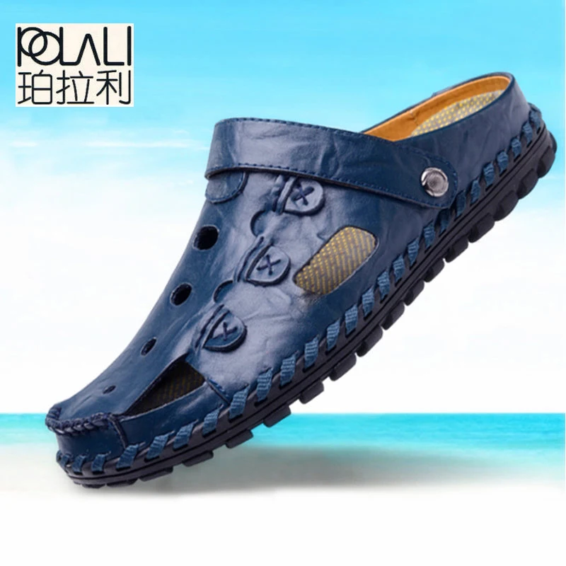 

POLALI Size 38-44 Men Sandals Genuine Leather Fashion Summer Shoes Men Slippers Breathable Men's Sandals Causal Shoes Leather
