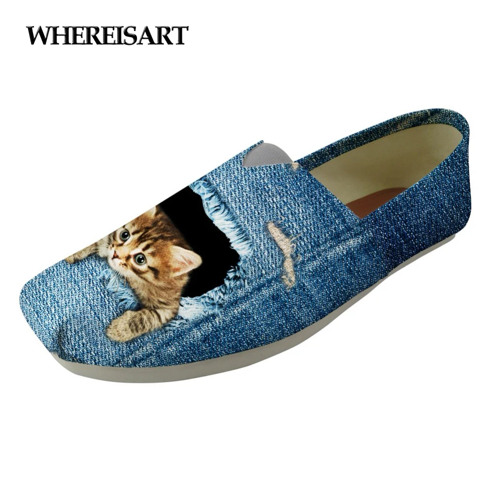 

WHEREISART Cowboy Brand Designer Flats Women Canvas Shoes Animal Cute Denim Cat Pattern Women's Casual Lazy Shoes Slip-on Flats