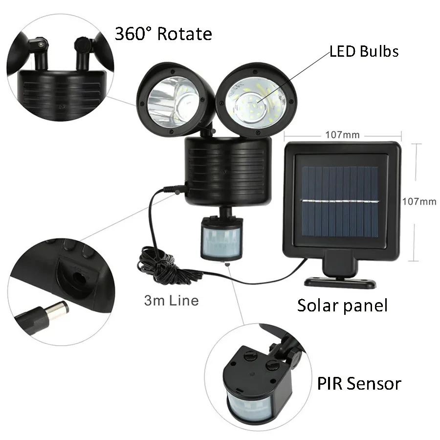 Comprar 188 22leds LED luz Solar tres cabezas doble PIR Sensor de movimiento iluminación exterior jardín Solar lámpara impermeable calle seguridad lámpara