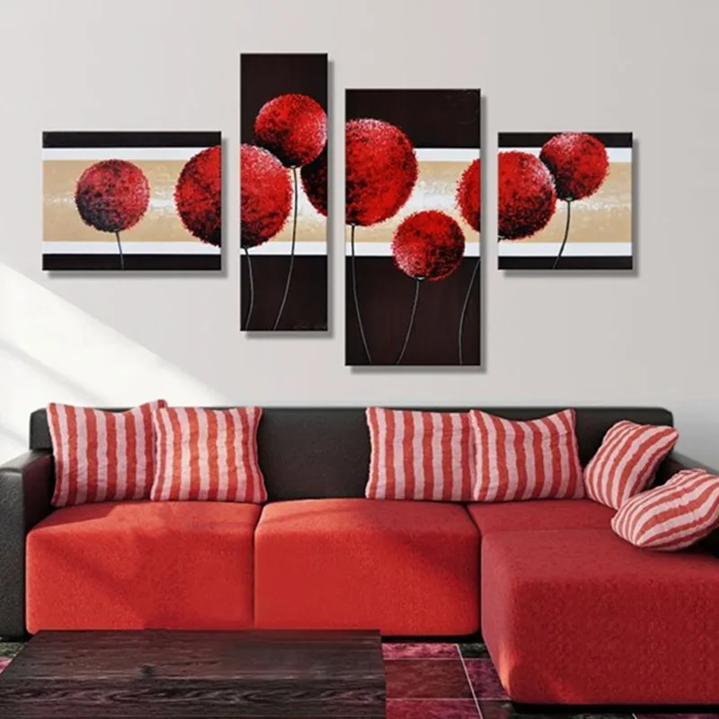 

Hand-painted Abstract Red Dandelion Oil Painting Modern Home Decor Wall Art 4 Piece Handmade Canvas Paintings For Living Room