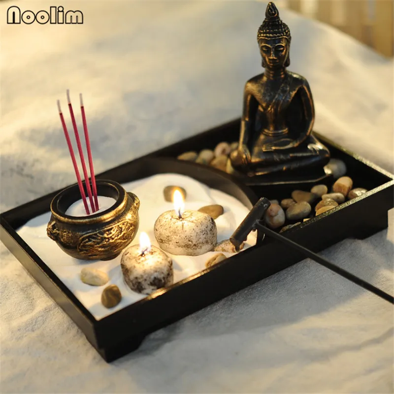 

NOOLIM Zen Garden Kit Decor Meditation Sand Rocks Incense Candle Holder Rake Feng Shui Candlestick Home Ornament Decorations