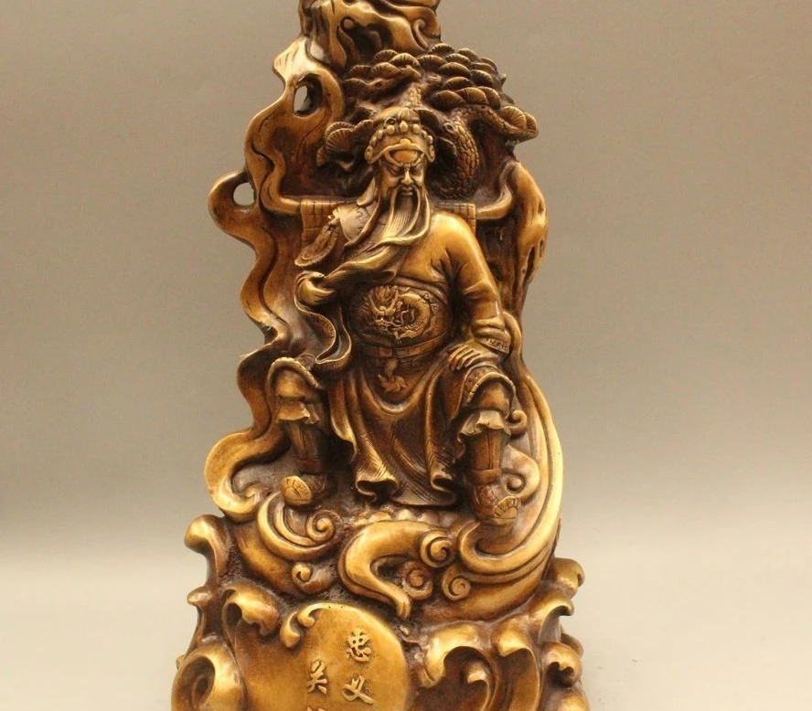 

15" Chinese Folk Brass Seat General Guan Gong Yu Warrior God Broadsword Statue