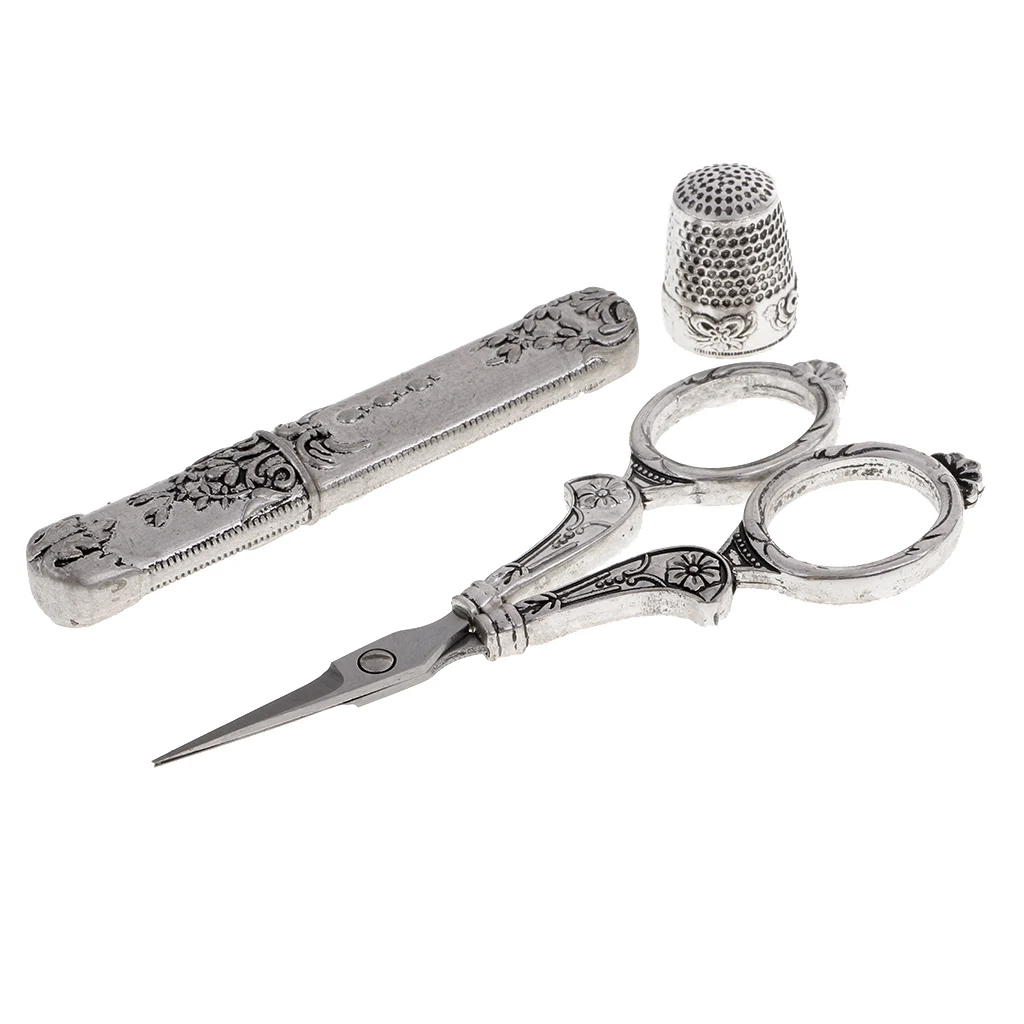 5 Pieces European Vintage Sewing Kit with Scissor Thimble Needle Case Threaders